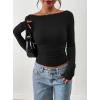 imagePRETTYGARDEN Long Sleeve Shirts for Women 2026 Fall Ruched Sides Boat Neck Basic Tee Casual Fitted Ribbed Knit Crop TopsBlack