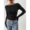 imagePRETTYGARDEN Long Sleeve Shirts for Women 2026 Fall Ruched Sides Boat Neck Basic Tee Casual Fitted Ribbed Knit Crop TopsBlack