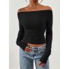 imagePRETTYGARDEN Long Sleeve Shirts for Women 2026 Fall Ruched Sides Boat Neck Basic Tee Casual Fitted Ribbed Knit Crop TopsBlack