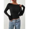 imagePRETTYGARDEN Long Sleeve Shirts for Women 2026 Fall Ruched Sides Boat Neck Basic Tee Casual Fitted Ribbed Knit Crop TopsBlack