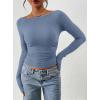 imagePRETTYGARDEN Long Sleeve Shirts for Women 2026 Fall Ruched Sides Boat Neck Basic Tee Casual Fitted Ribbed Knit Crop TopsBlue Grey