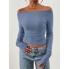 imagePRETTYGARDEN Long Sleeve Shirts for Women 2026 Fall Ruched Sides Boat Neck Basic Tee Casual Fitted Ribbed Knit Crop TopsBlue Grey