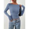 imagePRETTYGARDEN Long Sleeve Shirts for Women 2026 Fall Ruched Sides Boat Neck Basic Tee Casual Fitted Ribbed Knit Crop TopsBlue Grey