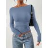 imagePRETTYGARDEN Long Sleeve Shirts for Women 2026 Fall Ruched Sides Boat Neck Basic Tee Casual Fitted Ribbed Knit Crop TopsBlue Grey