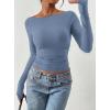imagePRETTYGARDEN Long Sleeve Shirts for Women 2026 Fall Ruched Sides Boat Neck Basic Tee Casual Fitted Ribbed Knit Crop TopsBlue Grey