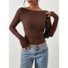 imagePRETTYGARDEN Long Sleeve Shirts for Women 2026 Fall Ruched Sides Boat Neck Basic Tee Casual Fitted Ribbed Knit Crop TopsBrown