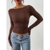 imagePRETTYGARDEN Long Sleeve Shirts for Women 2026 Fall Ruched Sides Boat Neck Basic Tee Casual Fitted Ribbed Knit Crop TopsBrown