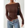 imagePRETTYGARDEN Long Sleeve Shirts for Women 2026 Fall Ruched Sides Boat Neck Basic Tee Casual Fitted Ribbed Knit Crop TopsBrown
