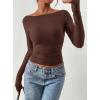 imagePRETTYGARDEN Long Sleeve Shirts for Women 2026 Fall Ruched Sides Boat Neck Basic Tee Casual Fitted Ribbed Knit Crop TopsBrown