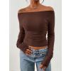 imagePRETTYGARDEN Long Sleeve Shirts for Women 2026 Fall Ruched Sides Boat Neck Basic Tee Casual Fitted Ribbed Knit Crop TopsBrown