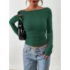 imagePRETTYGARDEN Long Sleeve Shirts for Women 2026 Fall Ruched Sides Boat Neck Basic Tee Casual Fitted Ribbed Knit Crop TopsDark Green