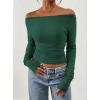 imagePRETTYGARDEN Long Sleeve Shirts for Women 2026 Fall Ruched Sides Boat Neck Basic Tee Casual Fitted Ribbed Knit Crop TopsDark Green