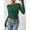 imagePRETTYGARDEN Long Sleeve Shirts for Women 2026 Fall Ruched Sides Boat Neck Basic Tee Casual Fitted Ribbed Knit Crop TopsDark Green