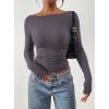 imagePRETTYGARDEN Long Sleeve Shirts for Women 2026 Fall Ruched Sides Boat Neck Basic Tee Casual Fitted Ribbed Knit Crop TopsDark Grey