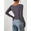 imagePRETTYGARDEN Long Sleeve Shirts for Women 2026 Fall Ruched Sides Boat Neck Basic Tee Casual Fitted Ribbed Knit Crop TopsDark Grey