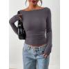 imagePRETTYGARDEN Long Sleeve Shirts for Women 2026 Fall Ruched Sides Boat Neck Basic Tee Casual Fitted Ribbed Knit Crop TopsDark Grey