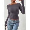 imagePRETTYGARDEN Long Sleeve Shirts for Women 2026 Fall Ruched Sides Boat Neck Basic Tee Casual Fitted Ribbed Knit Crop TopsDark Grey