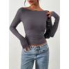 imagePRETTYGARDEN Long Sleeve Shirts for Women 2026 Fall Ruched Sides Boat Neck Basic Tee Casual Fitted Ribbed Knit Crop TopsDark Grey