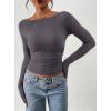 imagePRETTYGARDEN Long Sleeve Shirts for Women 2026 Fall Ruched Sides Boat Neck Basic Tee Casual Fitted Ribbed Knit Crop TopsDark Grey