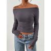 imagePRETTYGARDEN Long Sleeve Shirts for Women 2026 Fall Ruched Sides Boat Neck Basic Tee Casual Fitted Ribbed Knit Crop TopsDark Grey