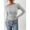 imagePRETTYGARDEN Long Sleeve Shirts for Women 2026 Fall Ruched Sides Boat Neck Basic Tee Casual Fitted Ribbed Knit Crop TopsGrey