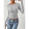 imagePRETTYGARDEN Long Sleeve Shirts for Women 2026 Fall Ruched Sides Boat Neck Basic Tee Casual Fitted Ribbed Knit Crop TopsGrey
