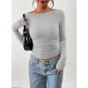 imagePRETTYGARDEN Long Sleeve Shirts for Women 2026 Fall Ruched Sides Boat Neck Basic Tee Casual Fitted Ribbed Knit Crop TopsGrey
