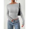 imagePRETTYGARDEN Long Sleeve Shirts for Women 2026 Fall Ruched Sides Boat Neck Basic Tee Casual Fitted Ribbed Knit Crop TopsGrey