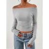 imagePRETTYGARDEN Long Sleeve Shirts for Women 2026 Fall Ruched Sides Boat Neck Basic Tee Casual Fitted Ribbed Knit Crop TopsGrey