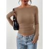 imagePRETTYGARDEN Long Sleeve Shirts for Women 2026 Fall Ruched Sides Boat Neck Basic Tee Casual Fitted Ribbed Knit Crop TopsKhaki