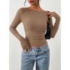 imagePRETTYGARDEN Long Sleeve Shirts for Women 2026 Fall Ruched Sides Boat Neck Basic Tee Casual Fitted Ribbed Knit Crop TopsKhaki