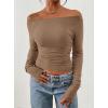 imagePRETTYGARDEN Long Sleeve Shirts for Women 2026 Fall Ruched Sides Boat Neck Basic Tee Casual Fitted Ribbed Knit Crop TopsKhaki