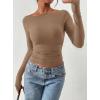 imagePRETTYGARDEN Long Sleeve Shirts for Women 2026 Fall Ruched Sides Boat Neck Basic Tee Casual Fitted Ribbed Knit Crop TopsKhaki