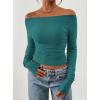 imagePRETTYGARDEN Long Sleeve Shirts for Women 2026 Fall Ruched Sides Boat Neck Basic Tee Casual Fitted Ribbed Knit Crop TopsLake Blue