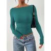 imagePRETTYGARDEN Long Sleeve Shirts for Women 2026 Fall Ruched Sides Boat Neck Basic Tee Casual Fitted Ribbed Knit Crop TopsLake Blue