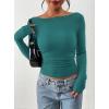imagePRETTYGARDEN Long Sleeve Shirts for Women 2026 Fall Ruched Sides Boat Neck Basic Tee Casual Fitted Ribbed Knit Crop TopsLake Blue