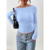 imagePRETTYGARDEN Long Sleeve Shirts for Women 2026 Fall Ruched Sides Boat Neck Basic Tee Casual Fitted Ribbed Knit Crop TopsLight Blue