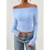 imagePRETTYGARDEN Long Sleeve Shirts for Women 2026 Fall Ruched Sides Boat Neck Basic Tee Casual Fitted Ribbed Knit Crop TopsLight Blue