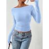 imagePRETTYGARDEN Long Sleeve Shirts for Women 2026 Fall Ruched Sides Boat Neck Basic Tee Casual Fitted Ribbed Knit Crop TopsLight Blue