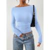 imagePRETTYGARDEN Long Sleeve Shirts for Women 2026 Fall Ruched Sides Boat Neck Basic Tee Casual Fitted Ribbed Knit Crop TopsLight Blue