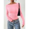imagePRETTYGARDEN Long Sleeve Shirts for Women 2026 Fall Ruched Sides Boat Neck Basic Tee Casual Fitted Ribbed Knit Crop TopsLight Pink