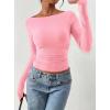 imagePRETTYGARDEN Long Sleeve Shirts for Women 2026 Fall Ruched Sides Boat Neck Basic Tee Casual Fitted Ribbed Knit Crop TopsLight Pink