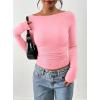 imagePRETTYGARDEN Long Sleeve Shirts for Women 2026 Fall Ruched Sides Boat Neck Basic Tee Casual Fitted Ribbed Knit Crop TopsLight Pink