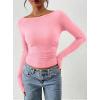 imagePRETTYGARDEN Long Sleeve Shirts for Women 2026 Fall Ruched Sides Boat Neck Basic Tee Casual Fitted Ribbed Knit Crop TopsLight Pink