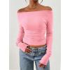 imagePRETTYGARDEN Long Sleeve Shirts for Women 2026 Fall Ruched Sides Boat Neck Basic Tee Casual Fitted Ribbed Knit Crop TopsLight Pink