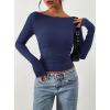 imagePRETTYGARDEN Long Sleeve Shirts for Women 2026 Fall Ruched Sides Boat Neck Basic Tee Casual Fitted Ribbed Knit Crop TopsNavy Blue