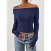 imagePRETTYGARDEN Long Sleeve Shirts for Women 2026 Fall Ruched Sides Boat Neck Basic Tee Casual Fitted Ribbed Knit Crop TopsNavy Blue