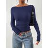 imagePRETTYGARDEN Long Sleeve Shirts for Women 2026 Fall Ruched Sides Boat Neck Basic Tee Casual Fitted Ribbed Knit Crop TopsNavy Blue