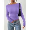 imagePRETTYGARDEN Long Sleeve Shirts for Women 2026 Fall Ruched Sides Boat Neck Basic Tee Casual Fitted Ribbed Knit Crop TopsPurple Grey