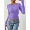 imagePRETTYGARDEN Long Sleeve Shirts for Women 2026 Fall Ruched Sides Boat Neck Basic Tee Casual Fitted Ribbed Knit Crop TopsPurple Grey